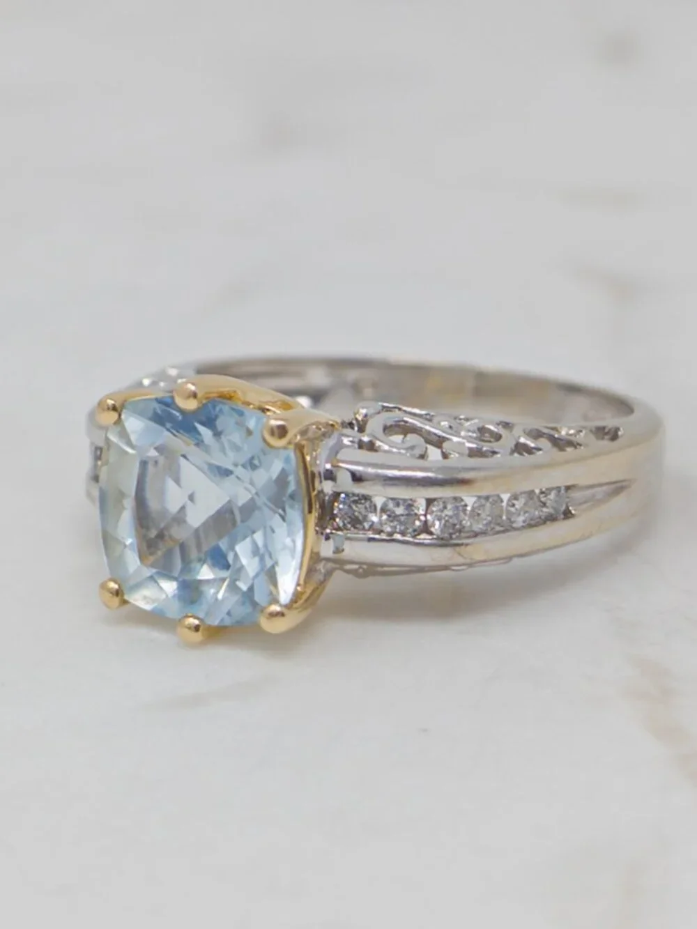 14K Two Tone Gold Aquamarine Diamond Ring approx. 2ct Cushion Size 6.5